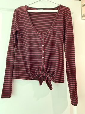 INTERMIX Black & Red Striped Tie-Front Long Sleeve Tee